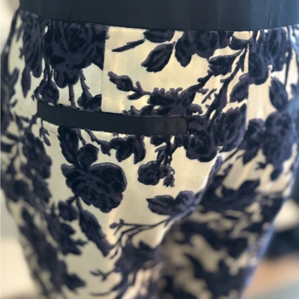 Tory Burch Floral Velvet Burnout Trousers Navy Cream Devore Slim Leg Pants